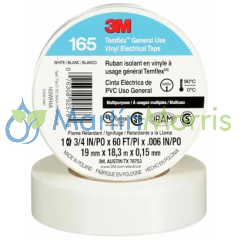 Cinta Aisladora Blanca 3M Temflex 165 (comun) Rollo 19mm x 20 metros
